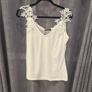 White ladies M/L tanktop shirt lace top by sheilay casual elegance work women’s